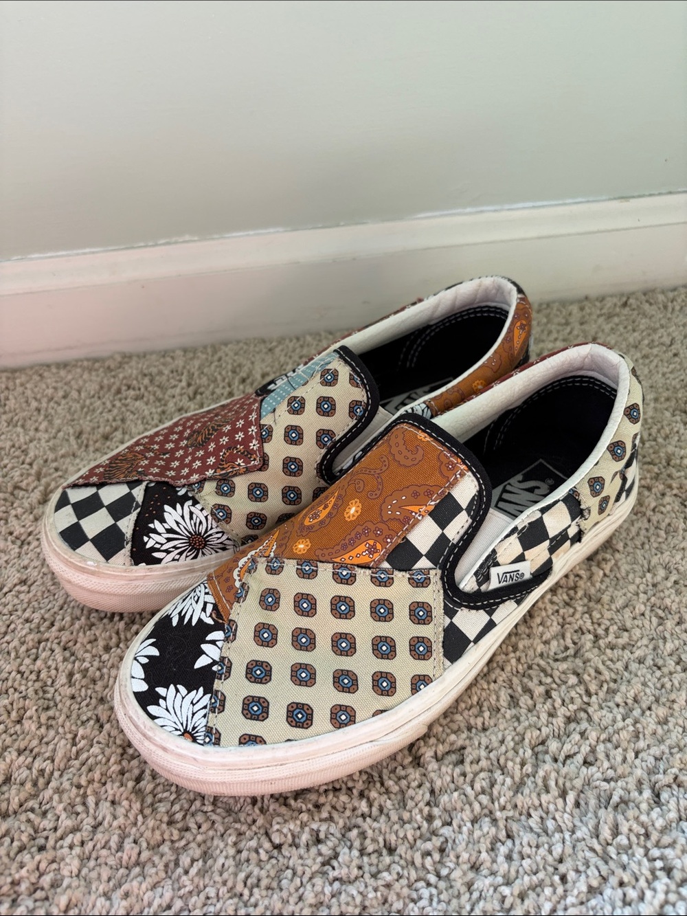 Vans Patchwork Slip-On Sneakers - Black, White, Tan, Brown, Orange